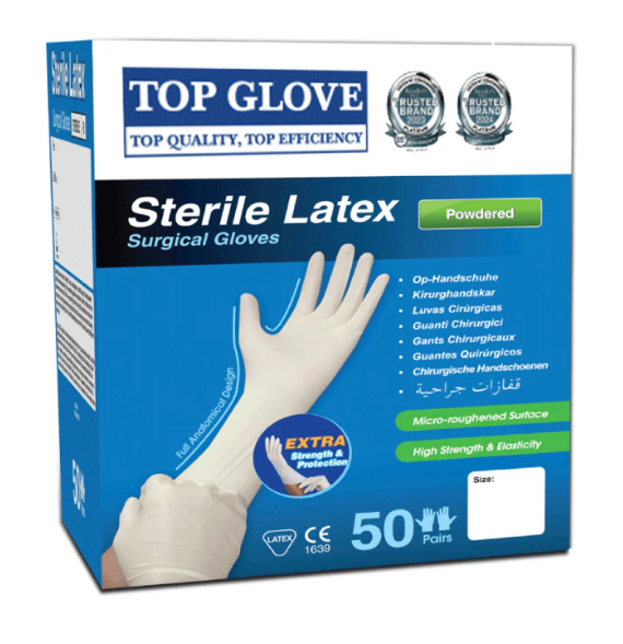 TG Medical surgical glove packaging shown in the Mediniaga catalogue