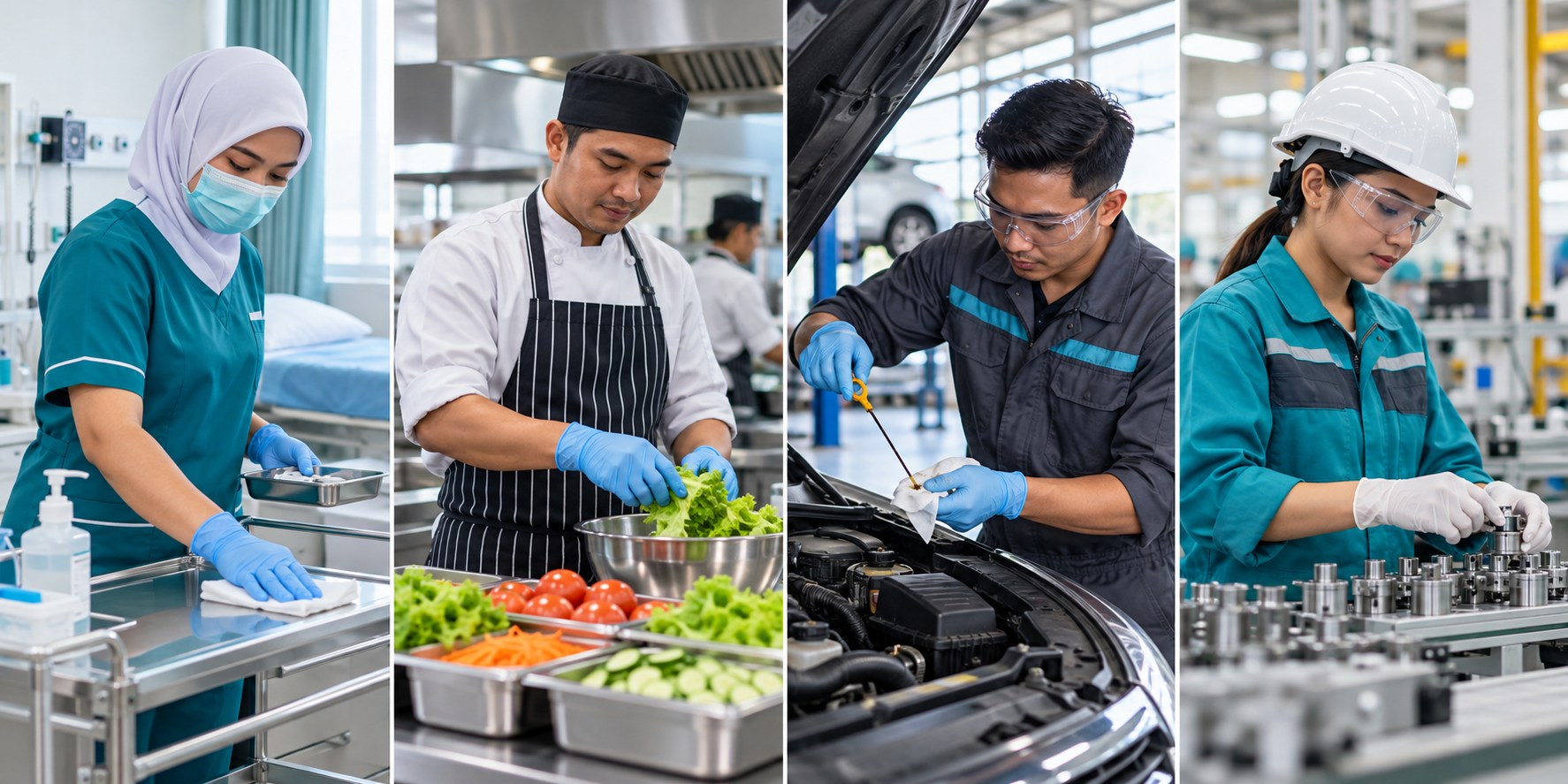 Illustrative Malaysian workers using disposable gloves in clinical, food preparation, automotive and industrial settings