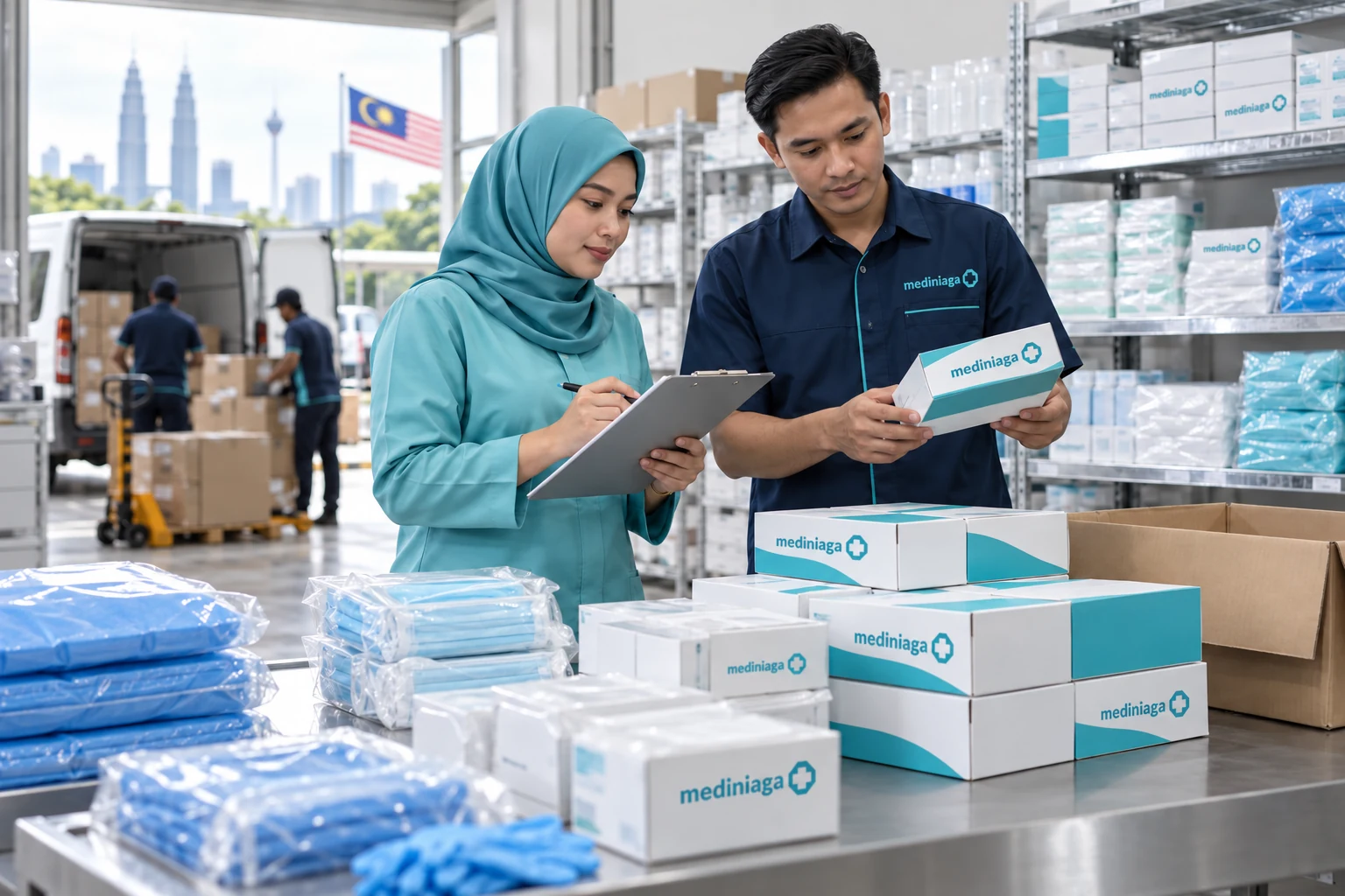 Branded Mediniaga medical-supply team reviewing hospital consumables