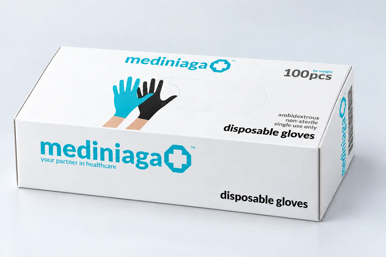 Mediniaga dispenser-box mockup based on supplied packaging artwork