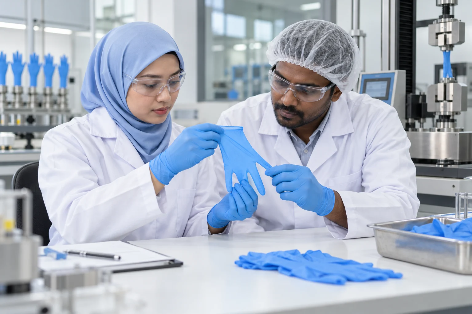 Illustrative Malaysian technicians inspecting a glove