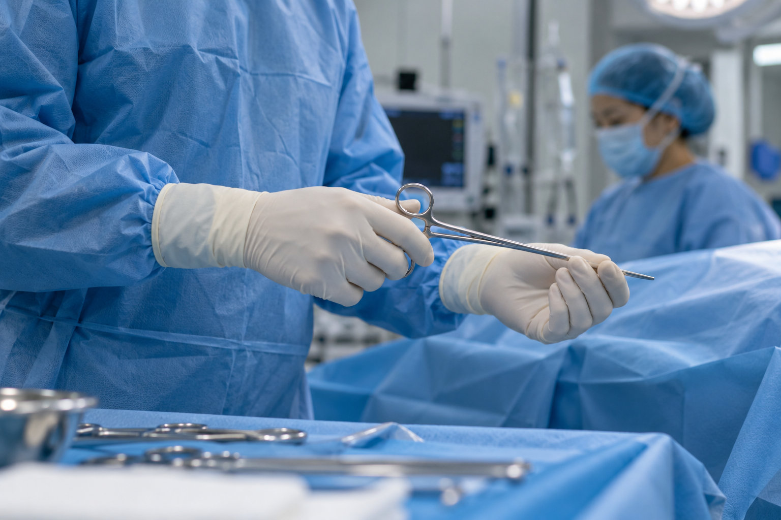 Surgical gloves used in an operating-room scene